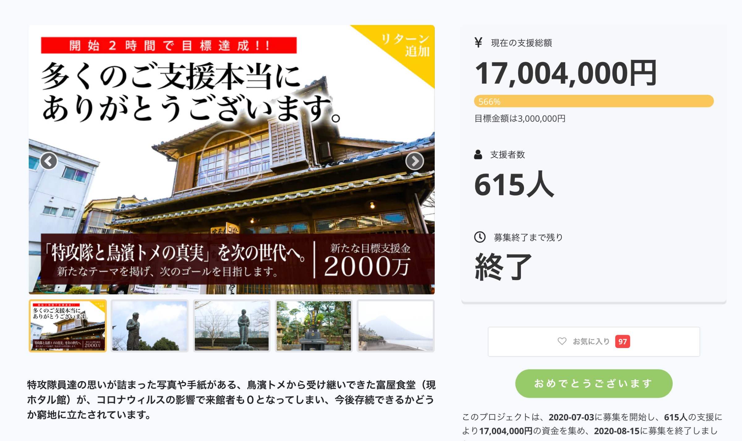 支援額千七百万円・支援者数615人